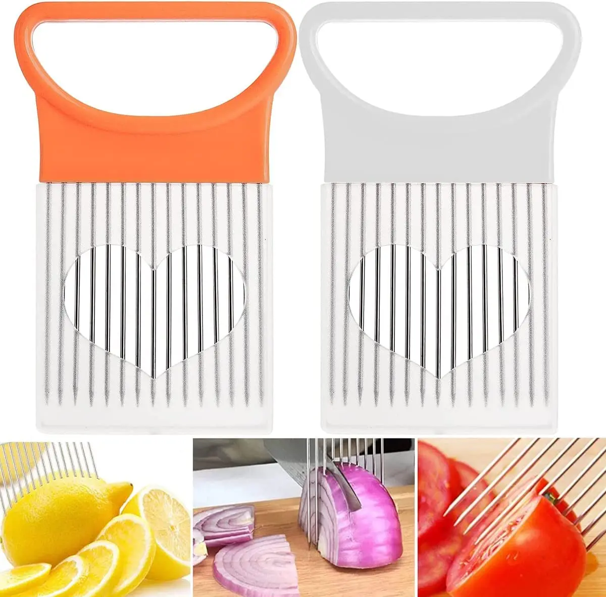 2PCS Kitchen Cutting Tool Slicer Holder Firm Grip Stainless Steel Fork Slicing Cutter Lemon Tomato