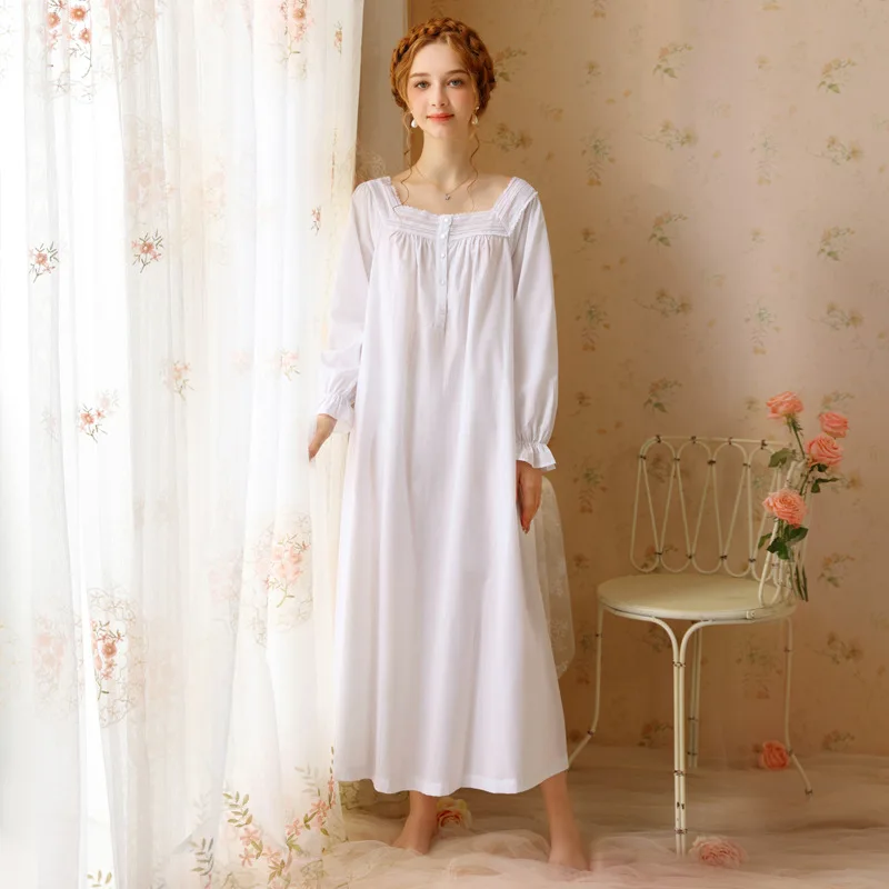 French Princess Cotton Solid Lace Nightgown for Girls New Pure Desire Style Loose Long sleeved Long Court Pajamas