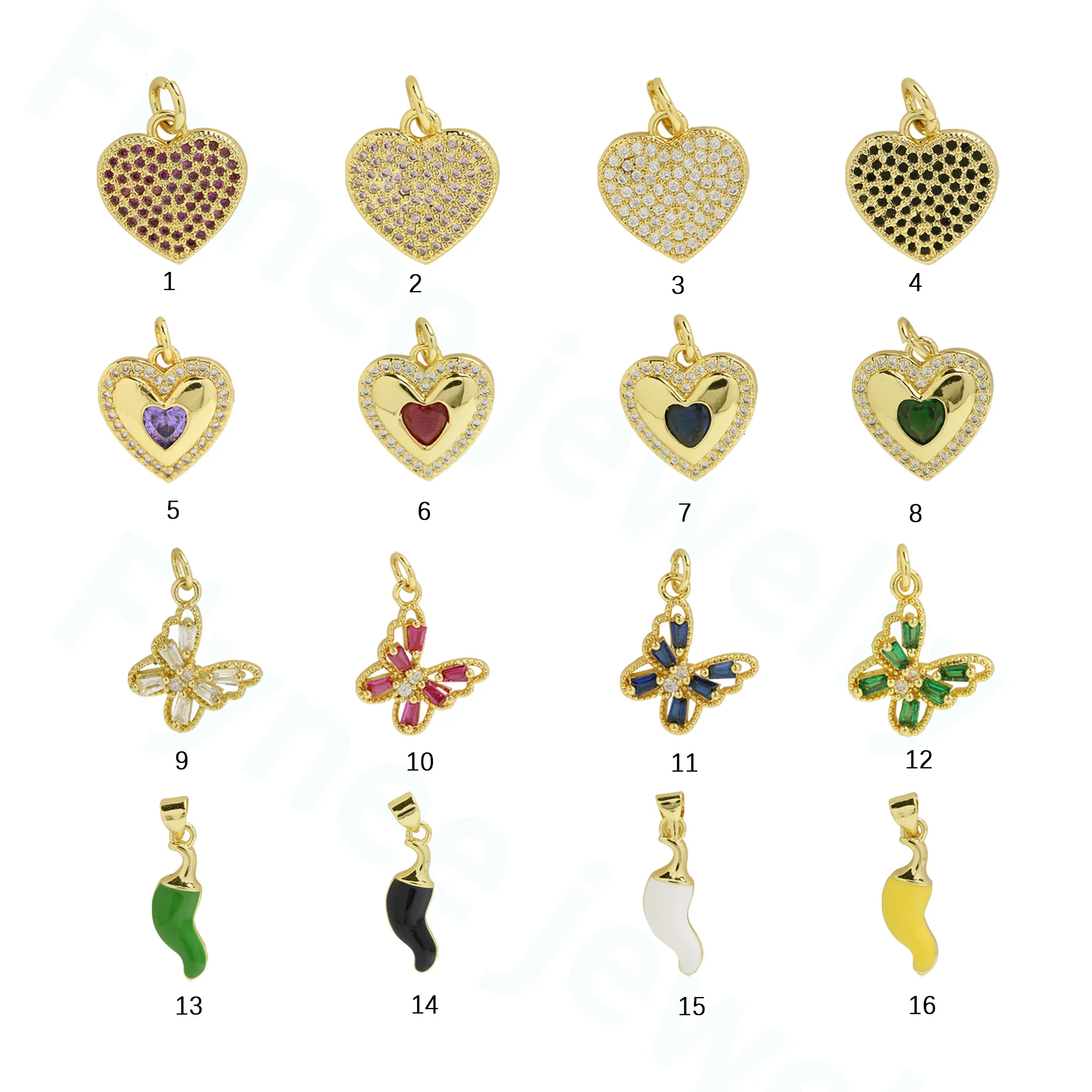 Trendy Colourful Zircon Love Heart Charm Pendant 18K Gold Plated Necklace Bracelet DIY Handmade Jewelry Making Supplies