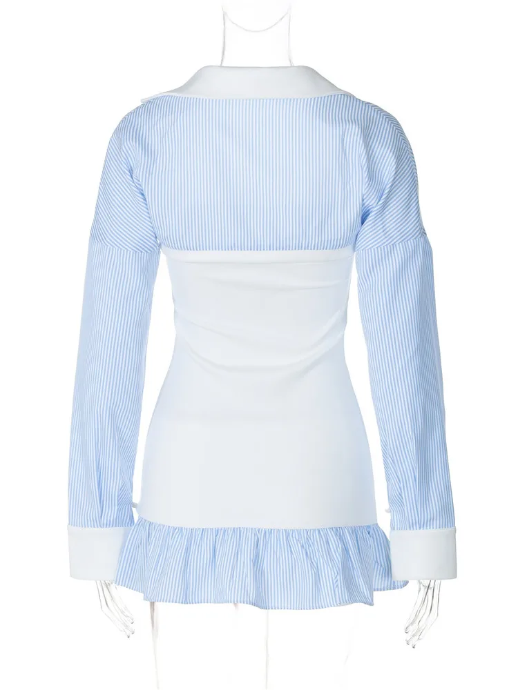 Turn Down Collar Long Sleeve Shawl Striped Print Top Strapless Ruffles Dress 2 Piece Set