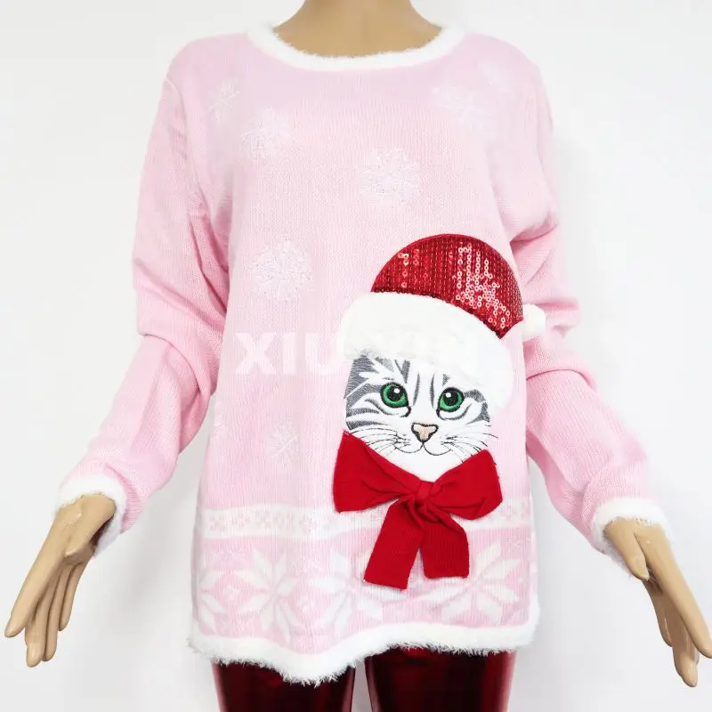 
Pink Christmas sweater with sequin embroidered cat lady cardigan with same color scarf with tassels 