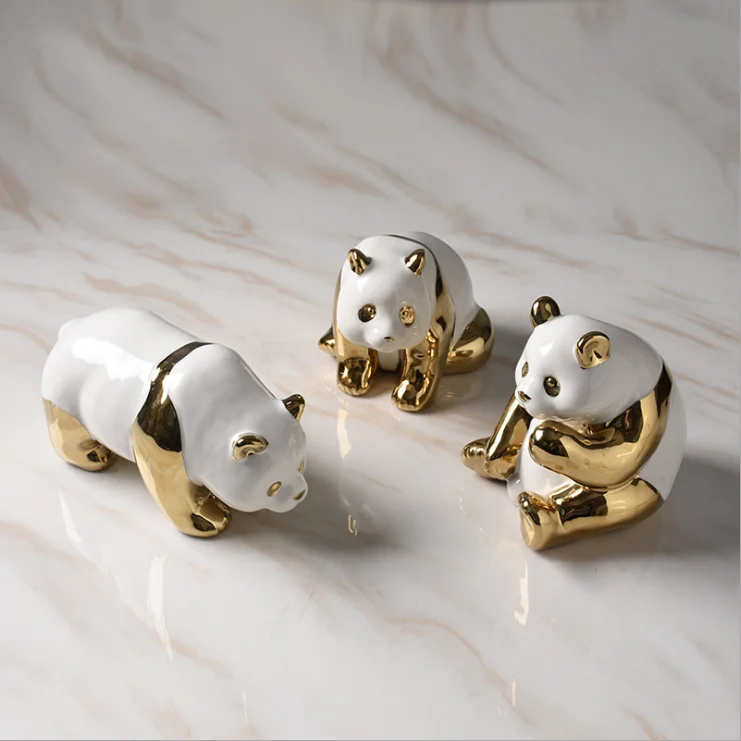
Arts and Craft Desktop Decoration Gift Handmade Golden Panda Ceramic Ornaments For Home Decoration 