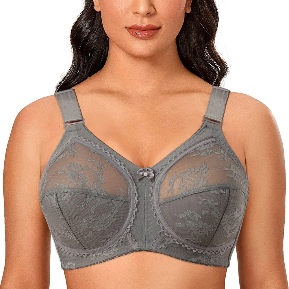 Women Unlined Full Coverage Ultra Thin Wireless Adjusted-straps D E F G H I White Big Minimizer Bras Plus Size Lace Bra