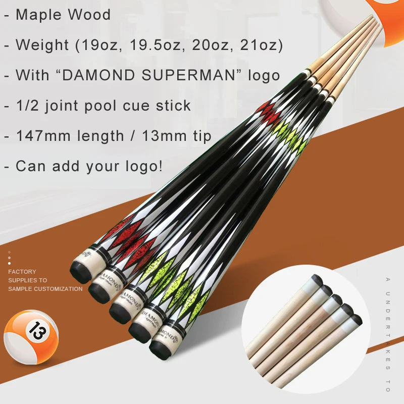 High Quality Handmade 1/2 Joint Wood Maple Snooker Cue Stick Pool Billiard Cue Stainless Steel Joint Ebony Butt Sleeve 10mm 13mm