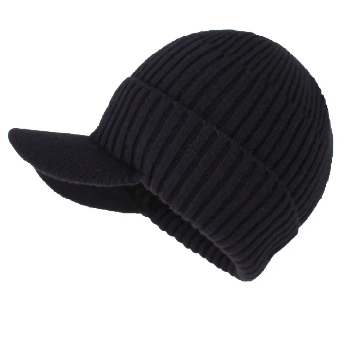 Mens Outdoor Hat Winter Warm Thick Knit Beanie Hat with Visor Beanie with Brim