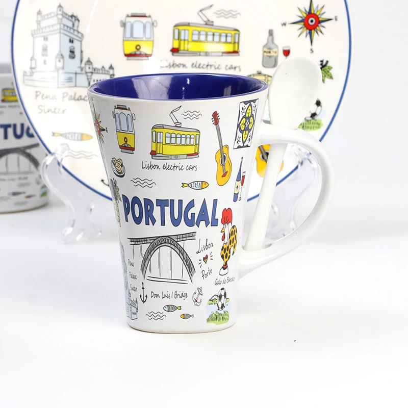 Wholesale custom printing Portugal city souvenir food dinner round plates ceramic dish