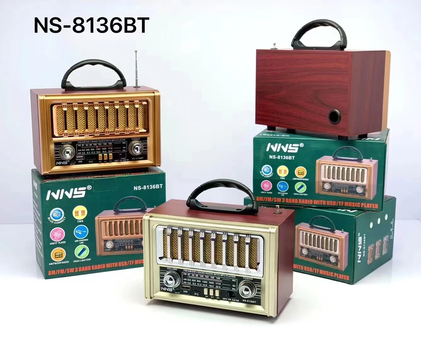 Multi band Radio with bt Speaker Retro style old wooden headset  radio desktop radio speaker   NS-8136BT