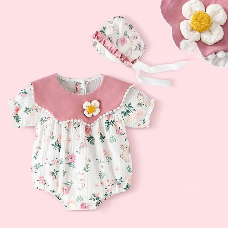 3D Floral Pure Cotton Summer New Born Baby Short Sleeve Romper Jumpsuit Infant Toddler Kids Onesie With Hat