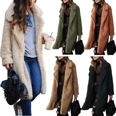 2021 Women Long Jacket Ladies Casual Front Open Cardigan Outwear Fashion Thick Soft Warm Teddy Bear Fleece Fur Fluffy Coat