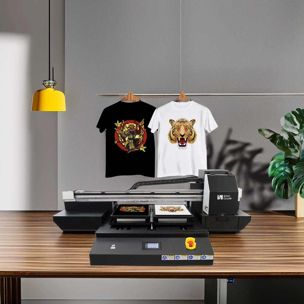 SinoColor high quality A2 two heads i1600 2400dpi dual plate 3d embossing digital multicolour  t-shirt DTG textile printer