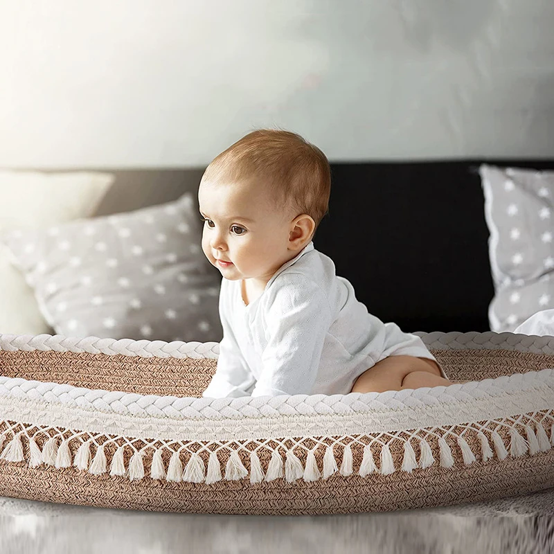 golden supplier household organic handwoven cotton rope basket baby changing basket with foam pad