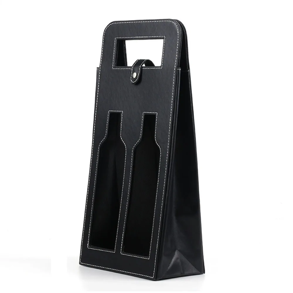 Custom Luxury Single Double PU Leather Wine Bottle Gift Packaging Bag With Metal Button Closure