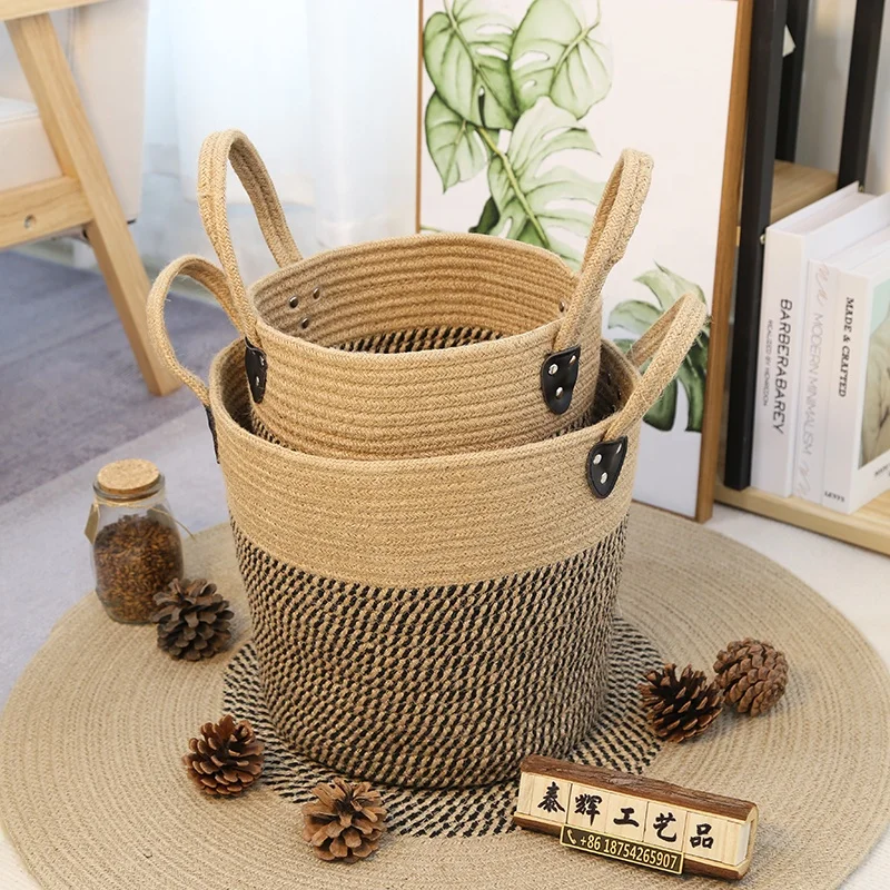 Wholesale Price Custom Size Color Home Decor Round Hand Woven Modern Jute Basket Storage Cotton Rope With Handles