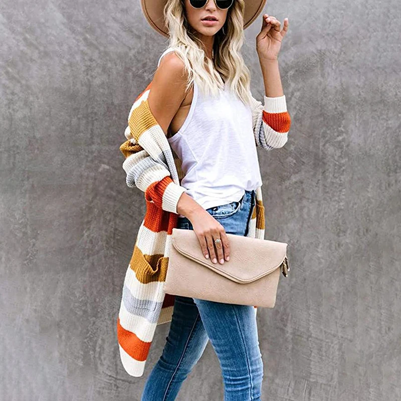 Женский вязаный кардиган в полоску, длинный кардиган с карманами, осень 2021