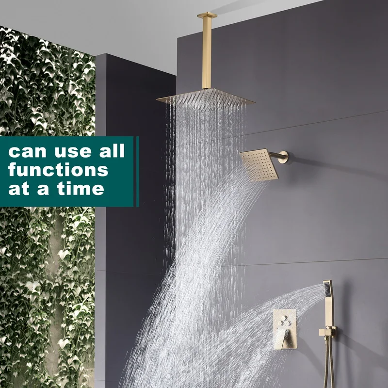 Brushed Gold Shower System Concealed Multiple Head Sprayers Modern High End Rainfall Handheld Jets Brass Control Body 3 in 1 Set