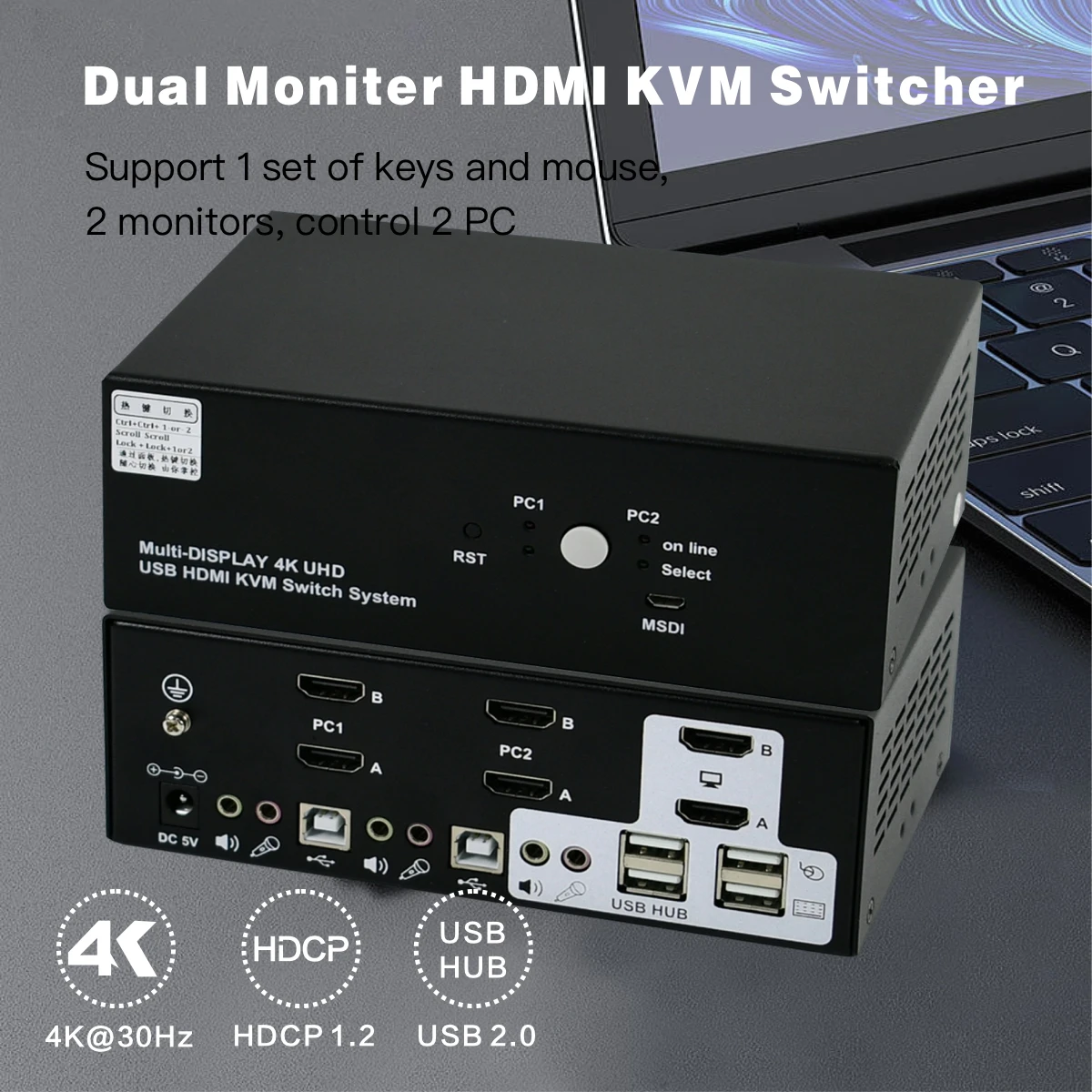 4K Dual Monitor HDMI 2 in 1KVM Switch 2 Port Dual Monitor KVM Switch