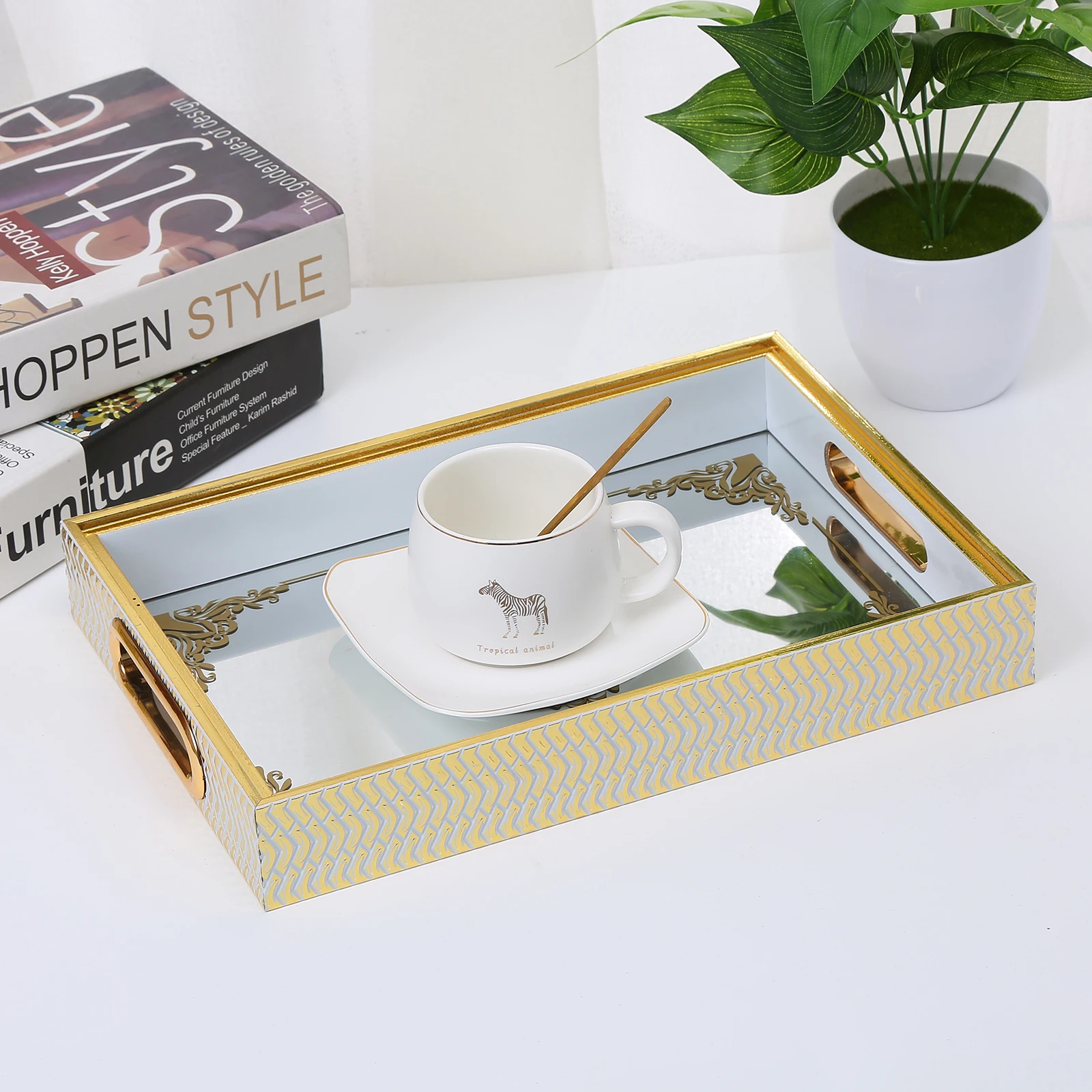 Mirror Decorative Tray For Coffee Table Ottoman Bathroom Arabic Serving Tray Sets with Handle