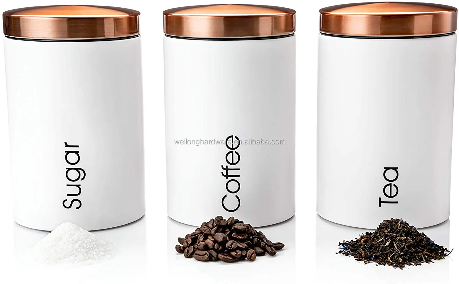 Set of 3 Large Metal Kitchen Storage Canisters Copper Stainless Steel Lid Jars for Storage of Tea Coffee and Sugar