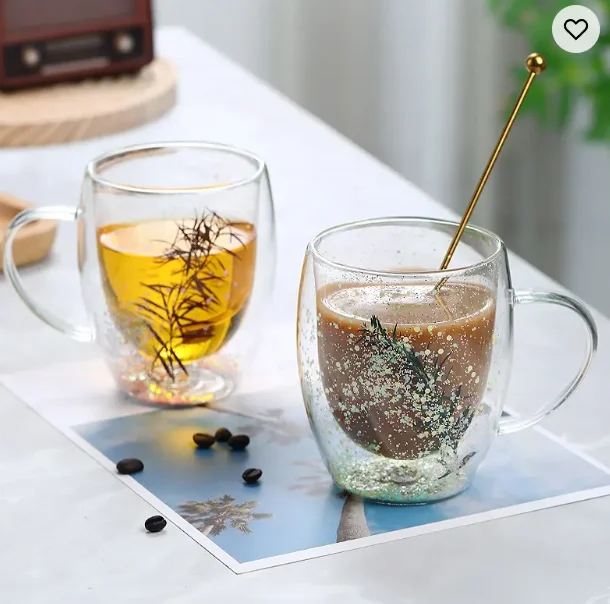 Coffee Glass Cup Mug Design Hot Sale Double Wall Insulated Borosilicate New with True Flowers Inside Aluminum Customized CLASSIC