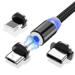 Nylon Braided 1M 2M Fast Magnetic Usb Charger Led Indicator Charging Cable 3 in 1 Magnet Data Cable For iPhone For Samsung