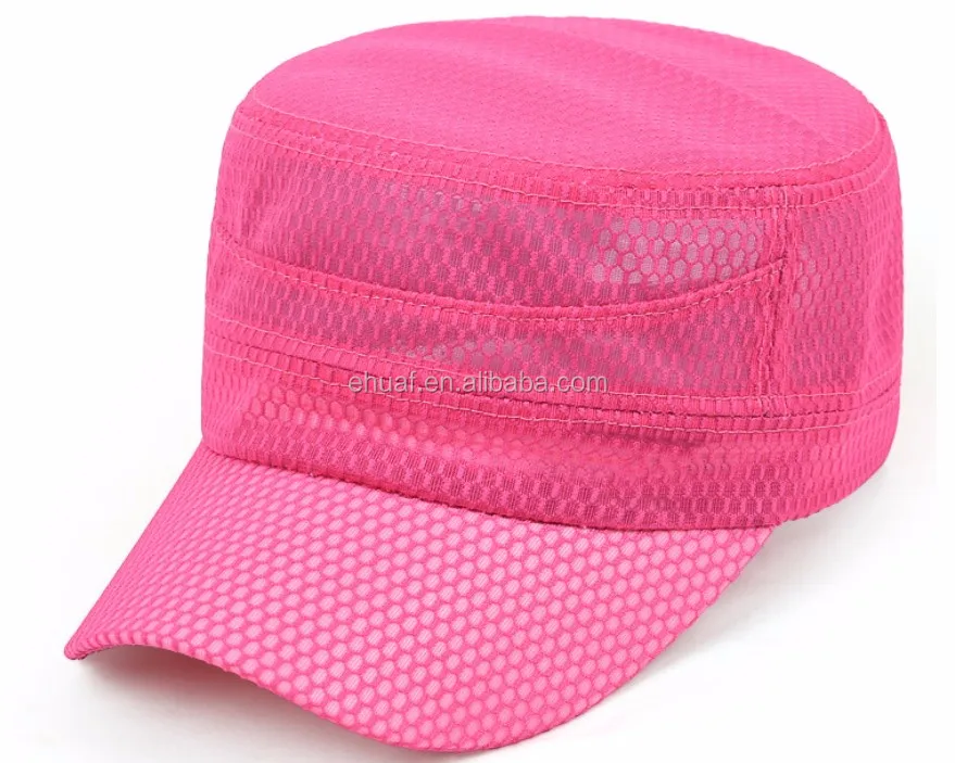 Fashion girls embroidery and print cadet hat flat crown pink women hat mesh fabric cap