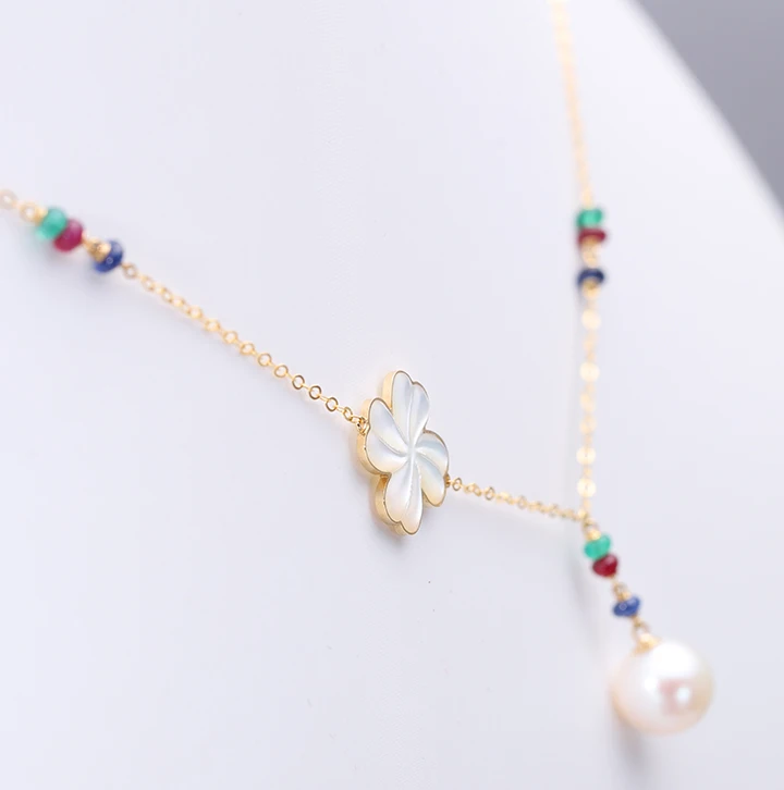 fashion necklace jewelry CNC engraving nature mother oyster 18k gold jewelry ruby sapphire emerald freshwater pearl necklace