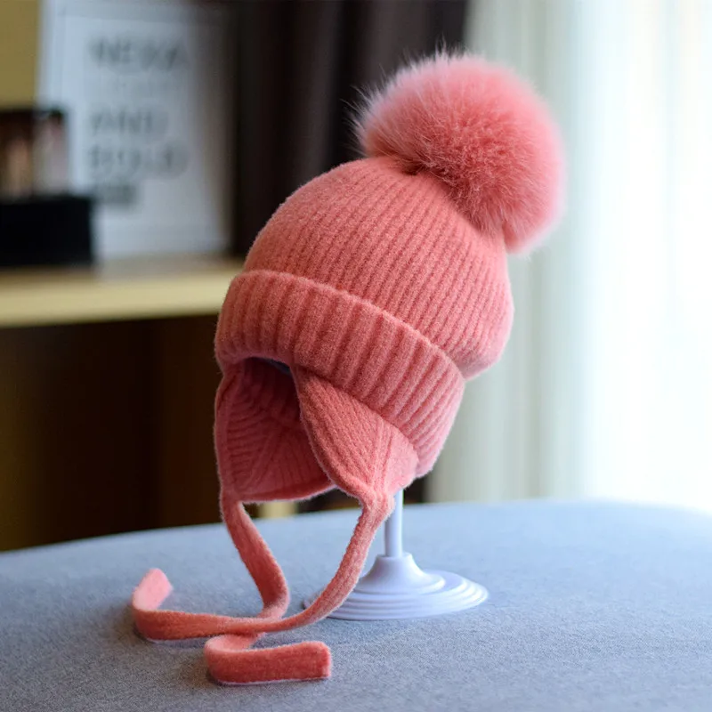 2023 Children Winter Cap New Fashion Wool Windproof Warm EarFlaps Cotton Cute Knitted Cashmere Hat With Pompoms
