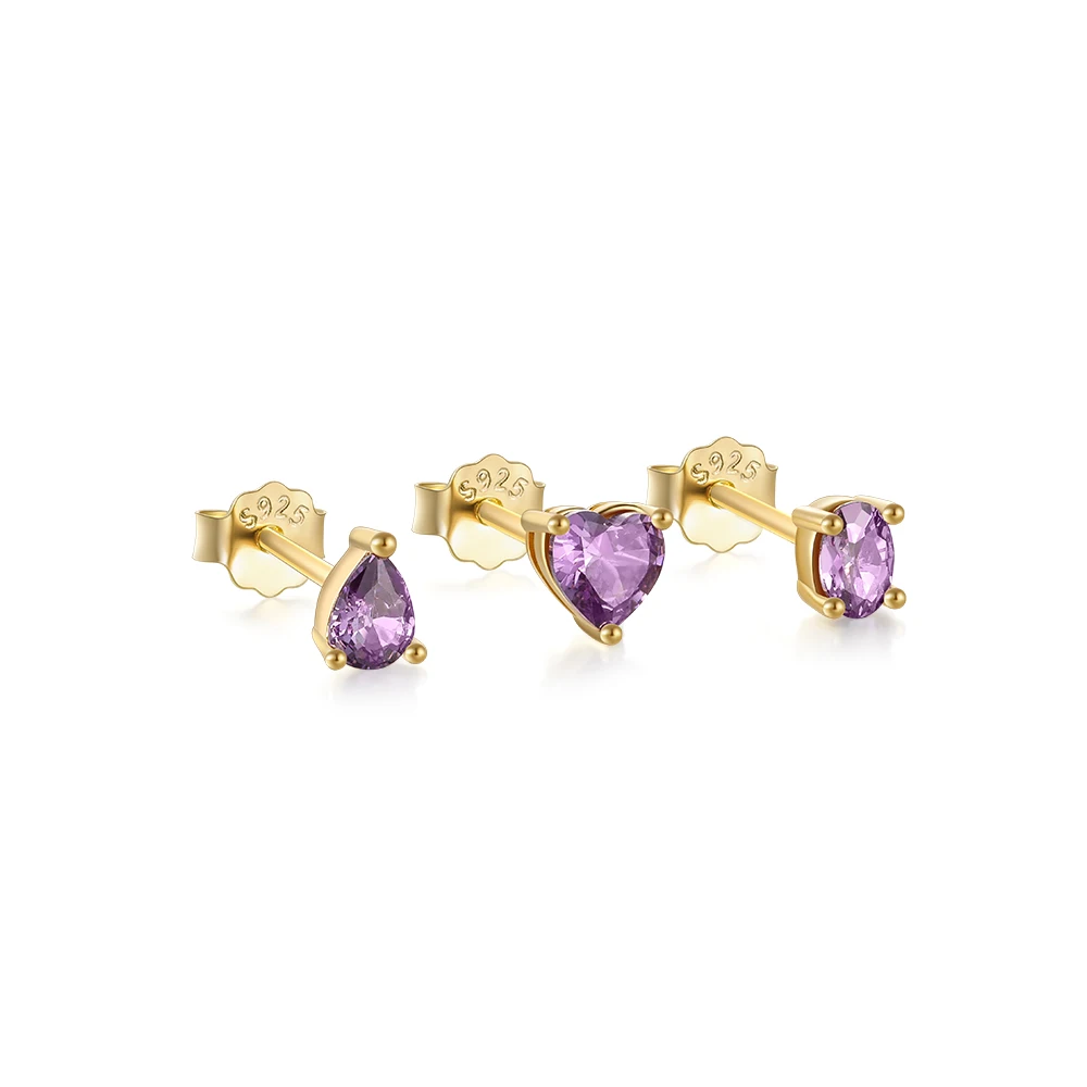 Custom 3pcs/Set S925 Sterling Silver Ruby Purple Zircon Personality Geometric Water Drop Heart-Shaped Zircon Stud Earrings Set