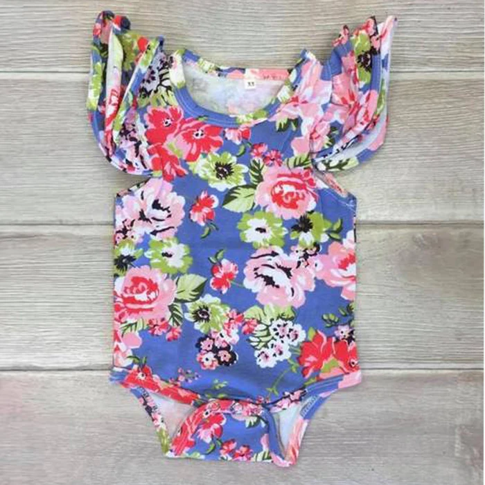 Wholesale Newborn Clothes Colorful Floral Short Sleeve Plain  Baby Flutter Sleeves Romper with Headbands