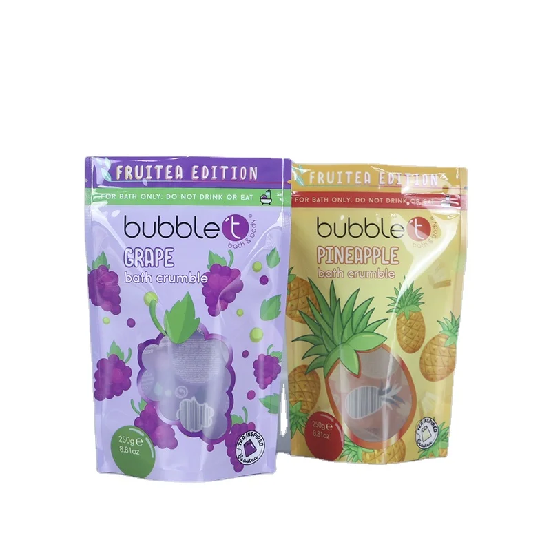 Custom printed stand up resealable ziplock plastic packaging bags with clear window for for body scrub and bath salts packing