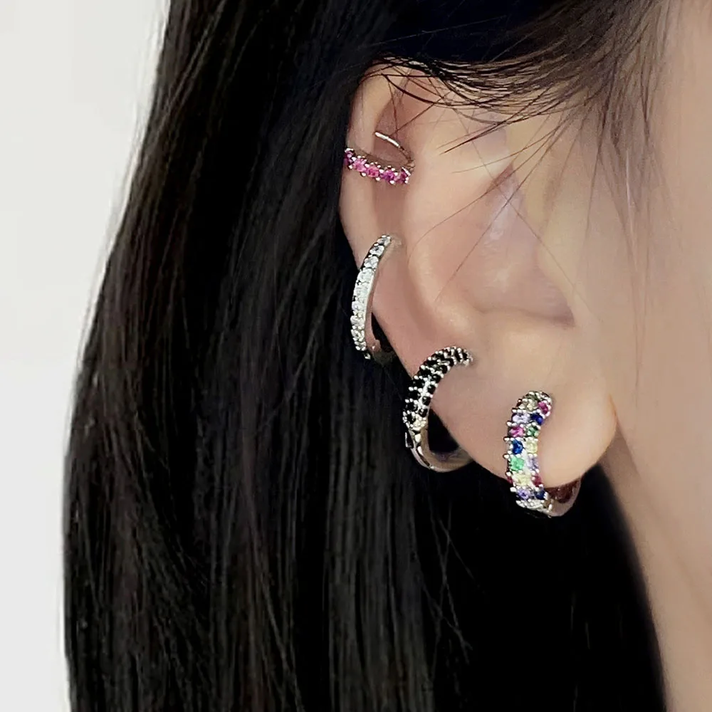 FOXI manufacturer S925 silver earings Platinum rhodium plated cz black stone earrings small silver 925 hoop earrings