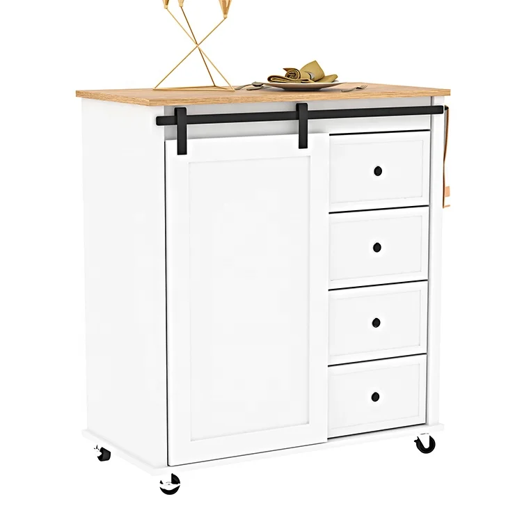 Sliding door design mobile white rubber wood rolling serving trolley kitchen island cart with drawer