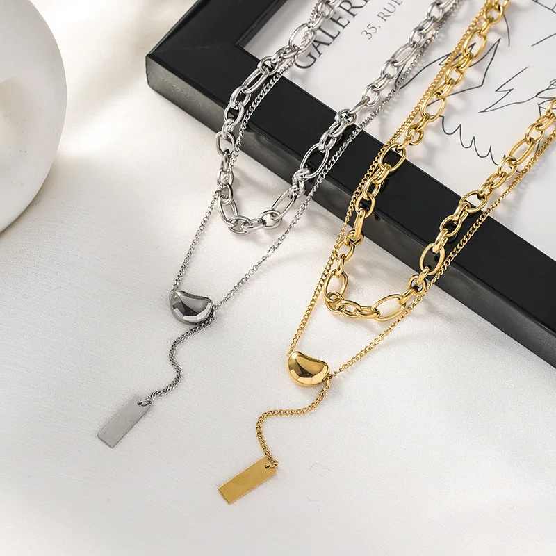 Korean Titanium Steel Necklaces Unique Bean Geometric Rectangle Tassel Pendants Double Layered Necklace for Women Jewelry