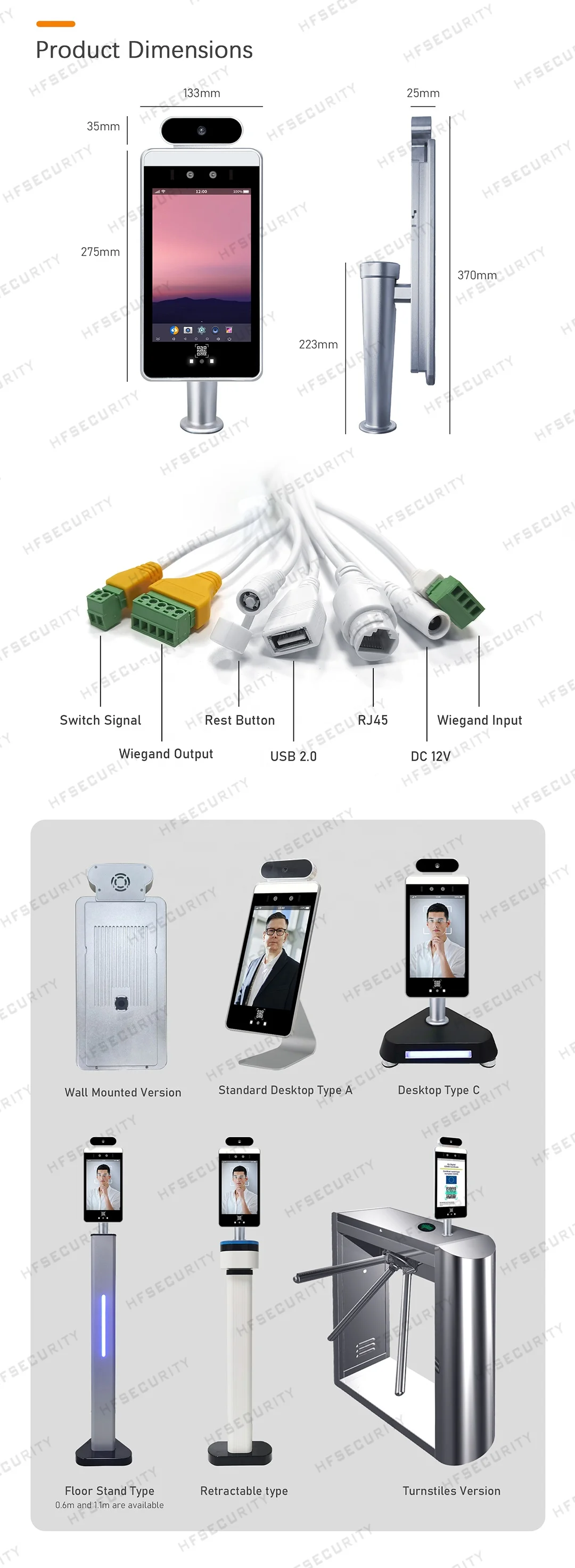 Hfsecurity RA08T Top Sale 8inch Biometric AI Face Recognition Device Control Access Fingerprint System Aluminum Alloy 1280X800