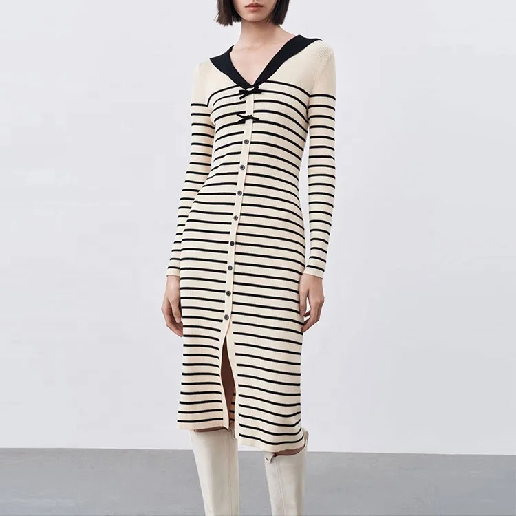 Knitwear manufacturers custom navy collar stripe bowknot single breasted split french 2022 fall fashion women knitted dresses