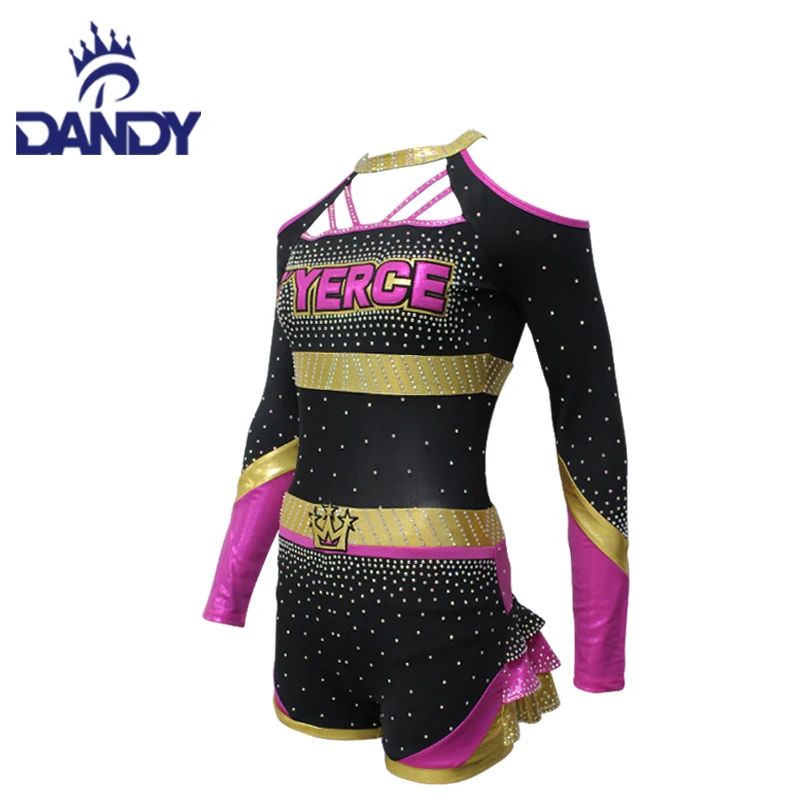 High school Pleat Skirts Cheerleading Uniforms Shiny Rhinestones Cheerleader Uniforms
