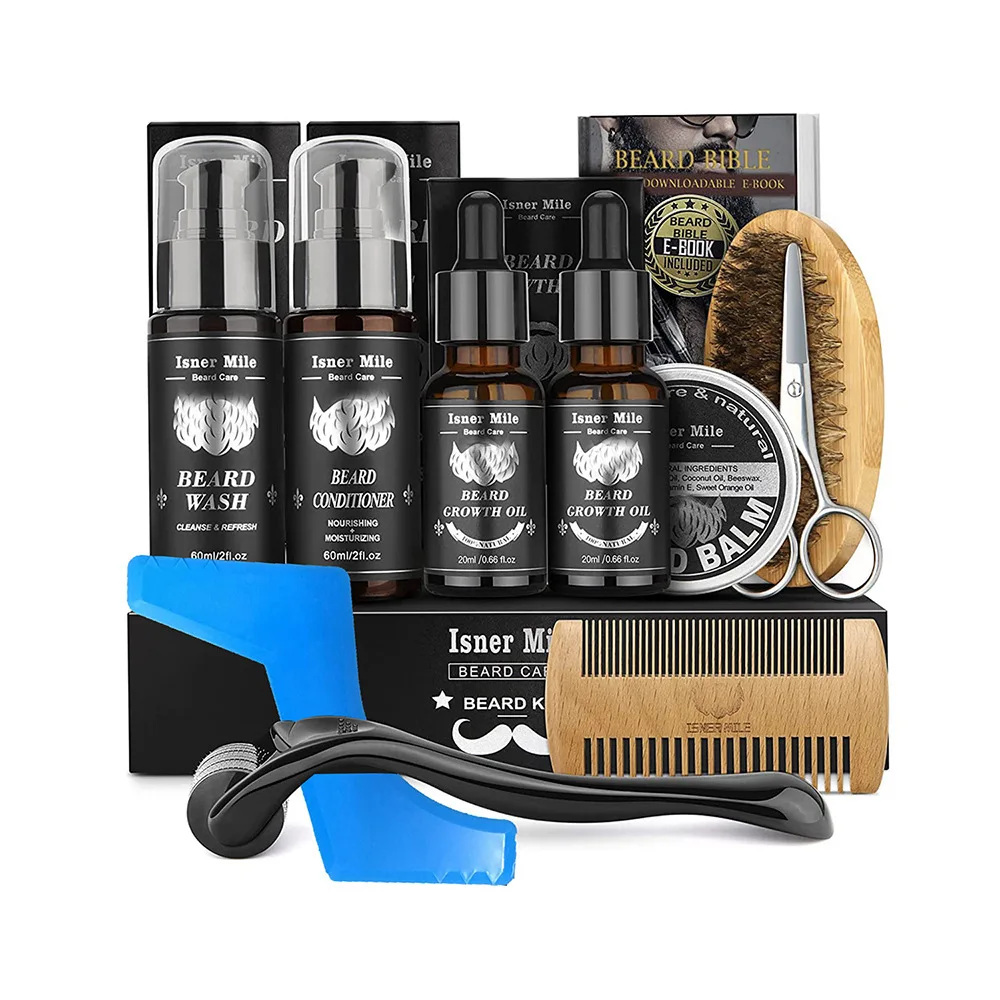 Mile Beard Kit for Men Grooming Trimming Tool Complete Set with Shampoo Wash Beard Care Oil Balm Brush Comb Scissors