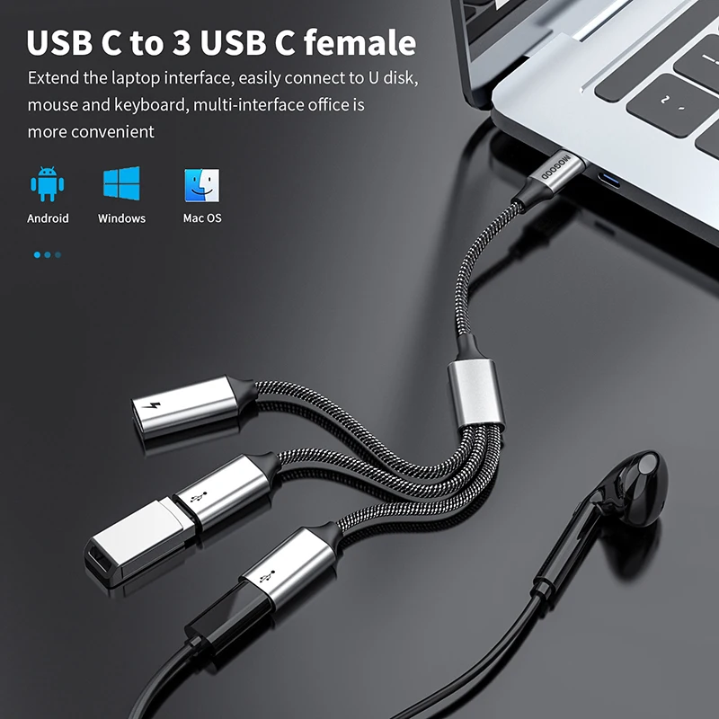 Оптовая продажа нейлоновый Плетеный Разветвитель USB C с PD 60 Вт быстрой зарядкой штекер к 3 USB-C удлинитель концентратора OTG конвертер