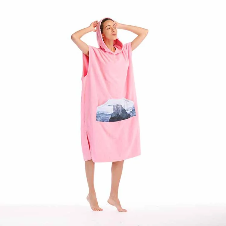 
Women terry cloth poncho hooded beach towel with pocket 