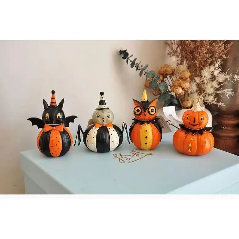 Creative Retro Painted Black Cat Pumpkin Goblin Fun Scene Halloween Decoration Ornaments Resin Crafts 4-piece Set