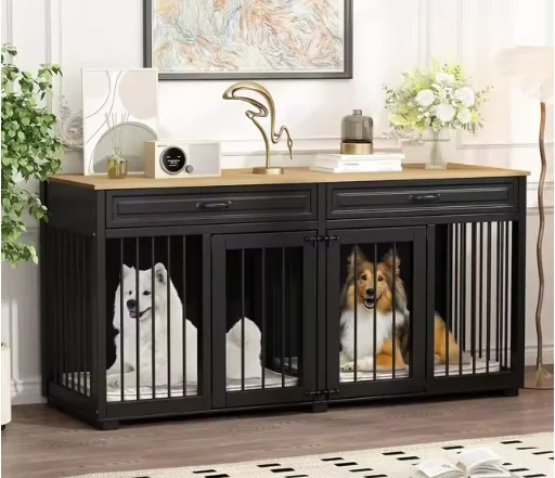 Extra Large Dog Crate Furniture  Heavy Duty Wooden Dog Kennel with Drawers & Removable Divider Indoor Furniture Style