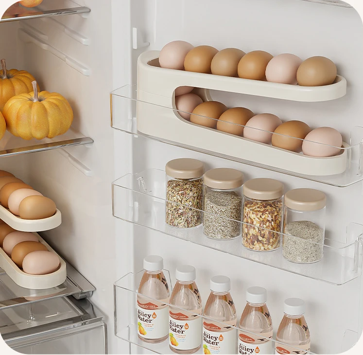 Egg Storage Box Home Kitchen Refrigerator Side Door For Chicken Duck Goose Egg Rack Freezer Storage Box Double Layer Rolling Egg