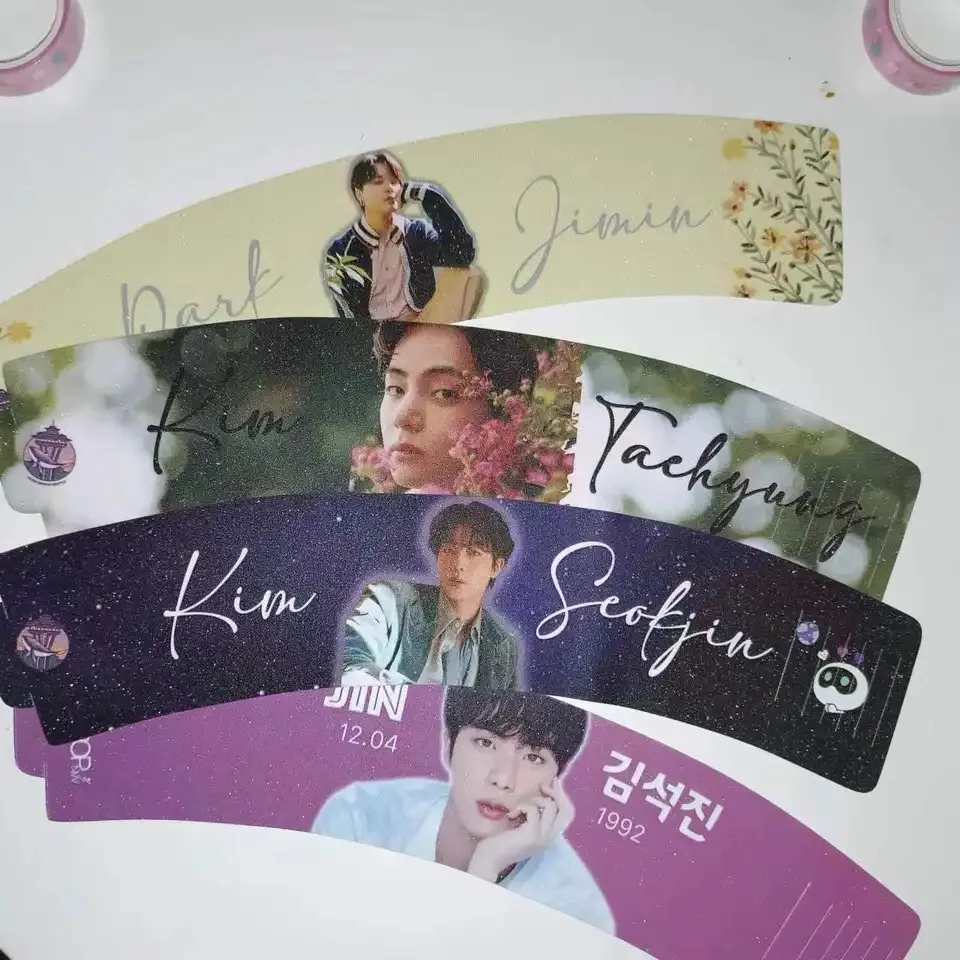 Wholesale K-pop high quality low MOQ holographic cupsleeve flat paper custom printing glitter cupsleeve cup sleeves for event