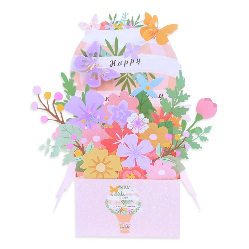 Customized High Quality Pink 3D Pop Up Paper Flower Basket Bouquet Birthday Anniversary Lovers Day Valentines Day Greeting Card