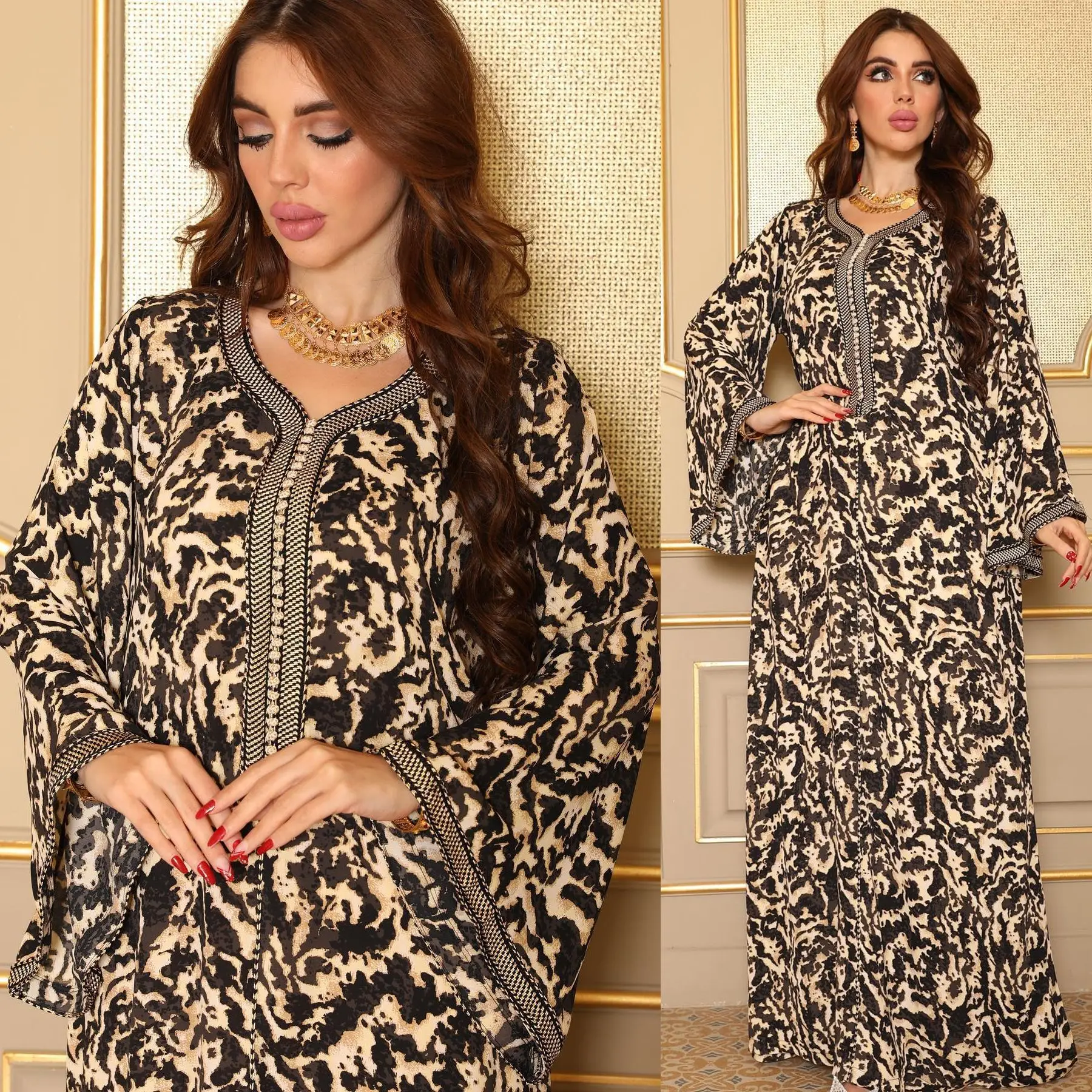 Beaded Abaya Printed Long Dress for Women Arabic Party Kaftan Braided Trimming Saudi Gulf Dubai Jalabiya Muslim Evening Dresses