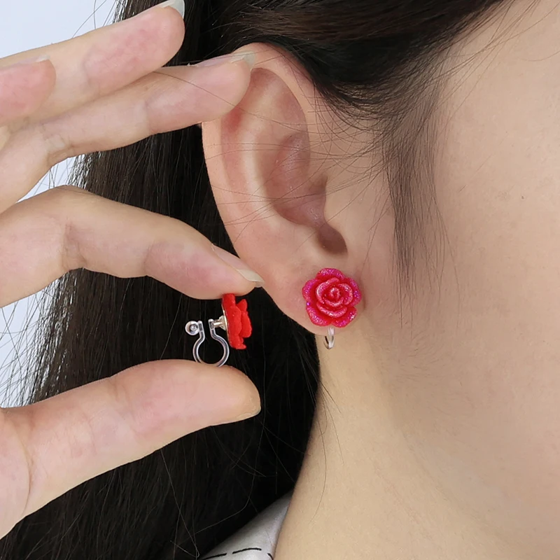 Fashion jewelry Clip-on earrings women resin material romantic N style rose stud earrings