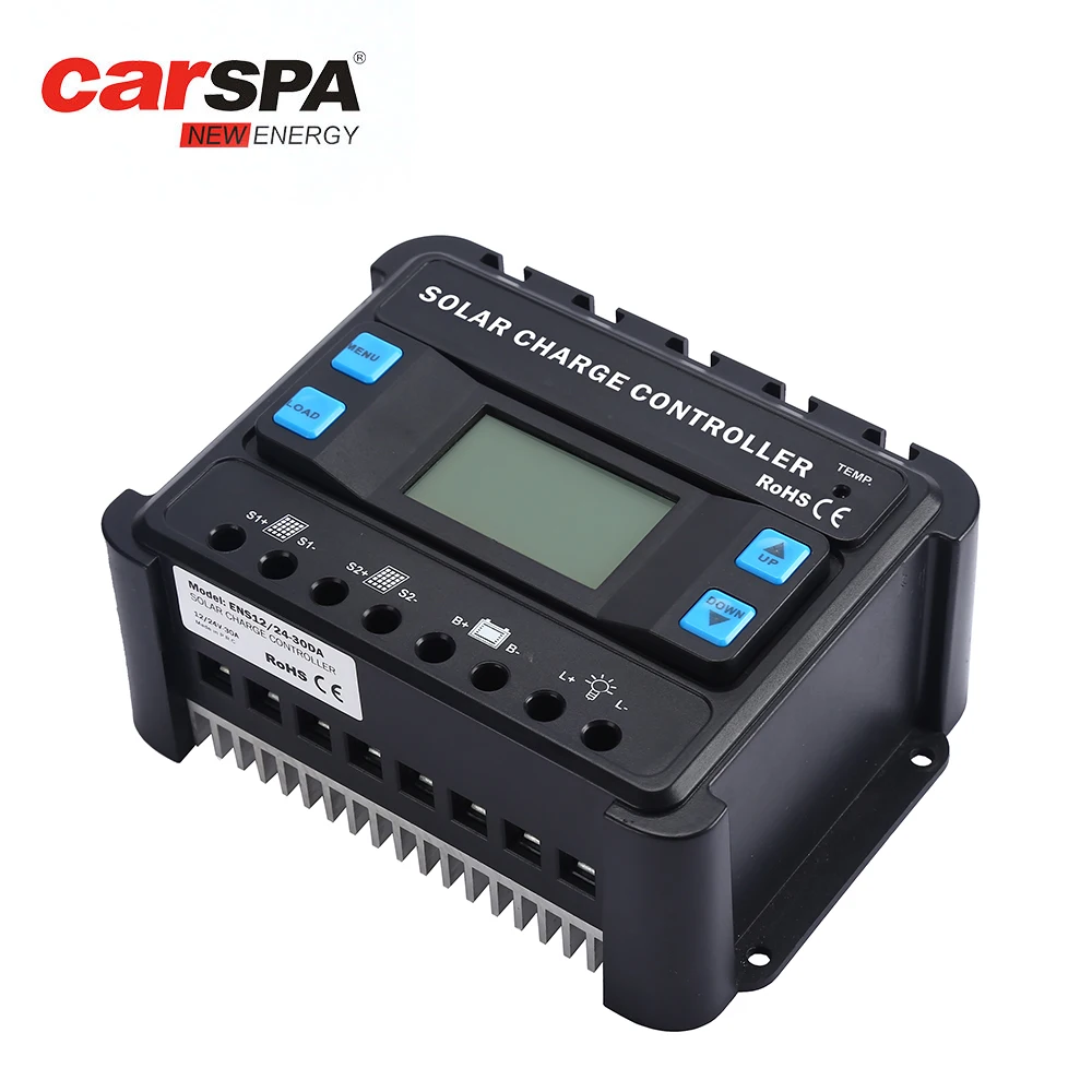 Solar Charger Controller Factory Good Quality 24V 48V 30A LCD Display ABS Case CE RoHS Dual Terminal PV Input PWM Controller
