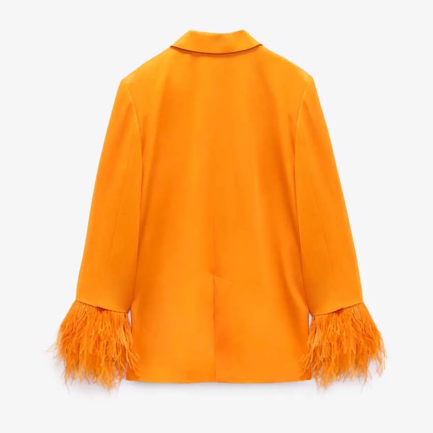 custom winter clothing women Satin effect  Long sleeves with removable tonal feathers blazers ladies women