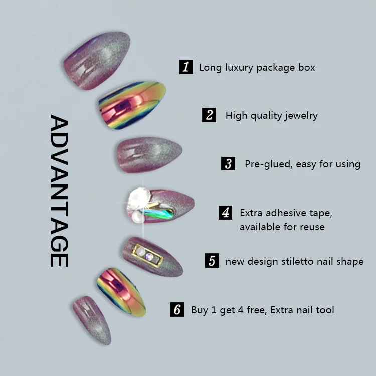 
NEWAIR private label luxury nails press on holographic design faux ongle false nail tip stiletto luxury press on nails 