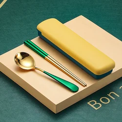 Reusable Korean Spoon And Chopstick Set Portable Golden Stainless Steel Cutlery Dinner Spoon